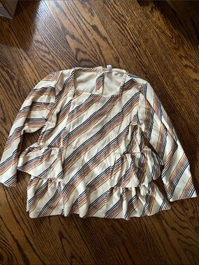 kate quinn Cream, Rust, Navy & Black Striped Ruffle Tunic